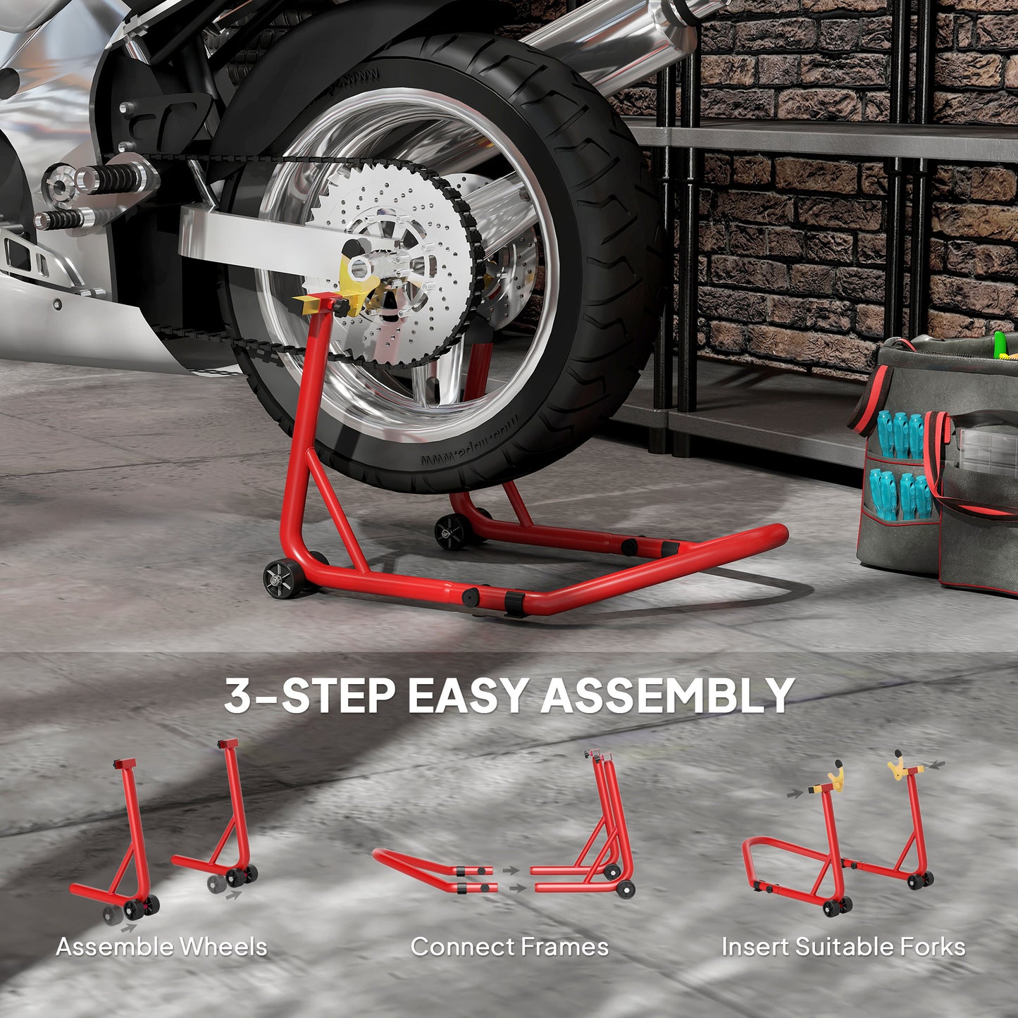 HOMCOM Motorcycle Rear Wheel Stand, 544 kg Capacity Heavy Duty Steel Motorbike Motorcycle Paddock Stand Lift with Adjustable U + L Forks, Wheels, Non-Slip Pads for Workshop Garage Repair, Red