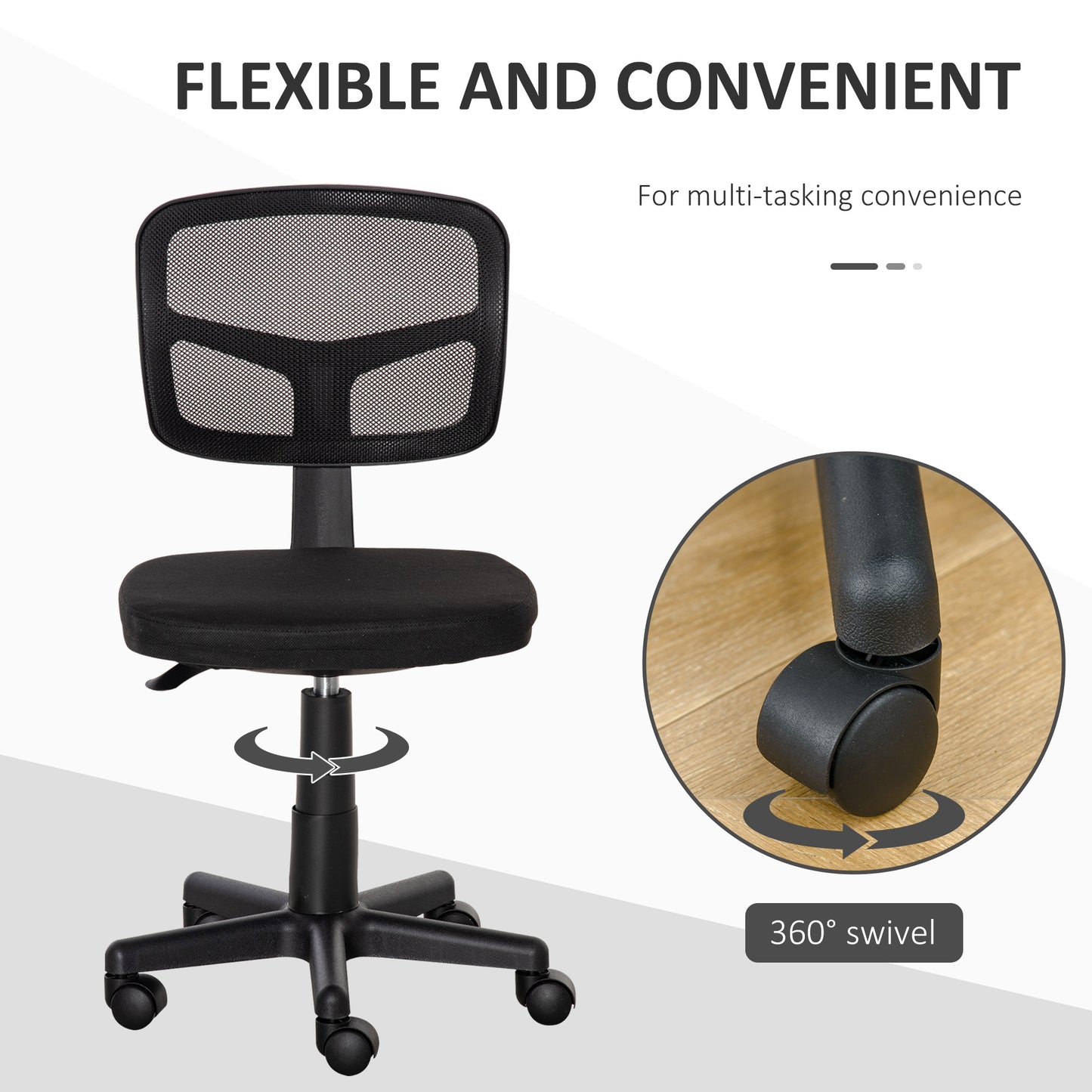 Vinsetto Small Office Chair without Arms, Ergonomic Swivel Mesh Desk Chair with Curved Back and Wheels, Height Adjustable, for Home Vanity Computer Dressing Table Study Bedroom, Holds Up to 120 kg