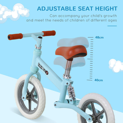 HOMCOM 12" Kids Balance Bike No Pedal Bicycle EVA Tyre Adjustable Seat Toddler Training Bike W/ Shock Absorber 2 - 5 Years Gift for Boys Girls Blue