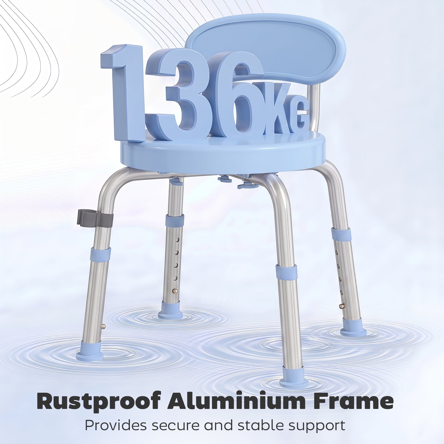 HOMCOM 360° Swivel Shower Stool with Aluminium Frame, 5-Level Adjustable Height, Backrest, Non-Slip Shower Chair for Elderly