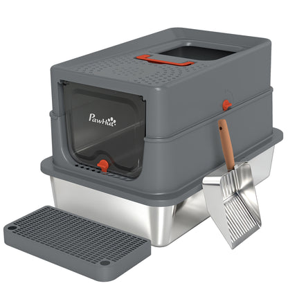 PawHut Stainless Steel Cat Litter Tray with Lid, XL 90L Enclosed Cat Litter Box with Step, Scoop, High Side, Dark Grey