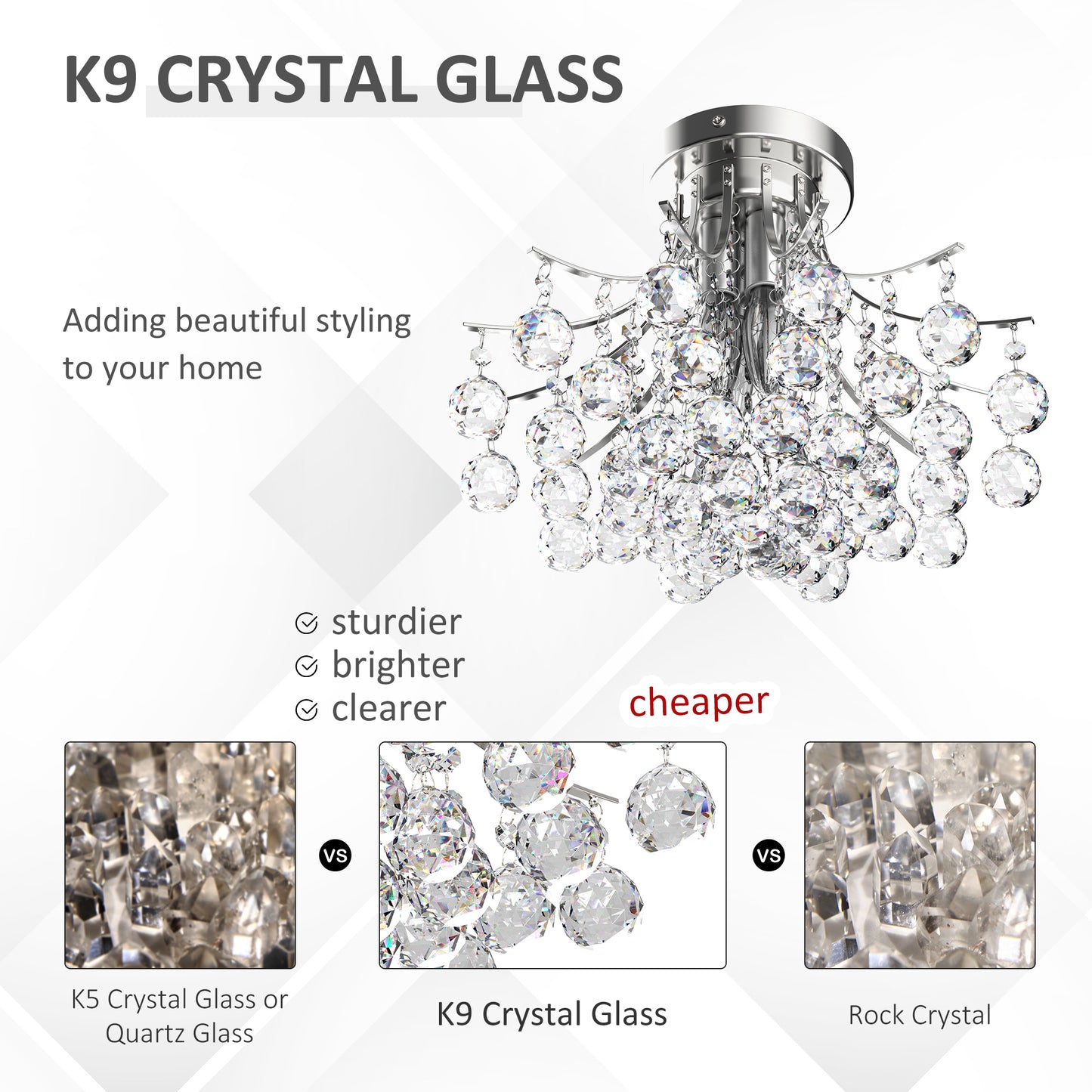 HOMCOM Crystal Chandeliers, 40cm K9 Droplets Ceiling Light with 3 E14 Bulb Base, Pendant Lights for Living Room, Bedroom, Dining Room, Hallway, Kitchen