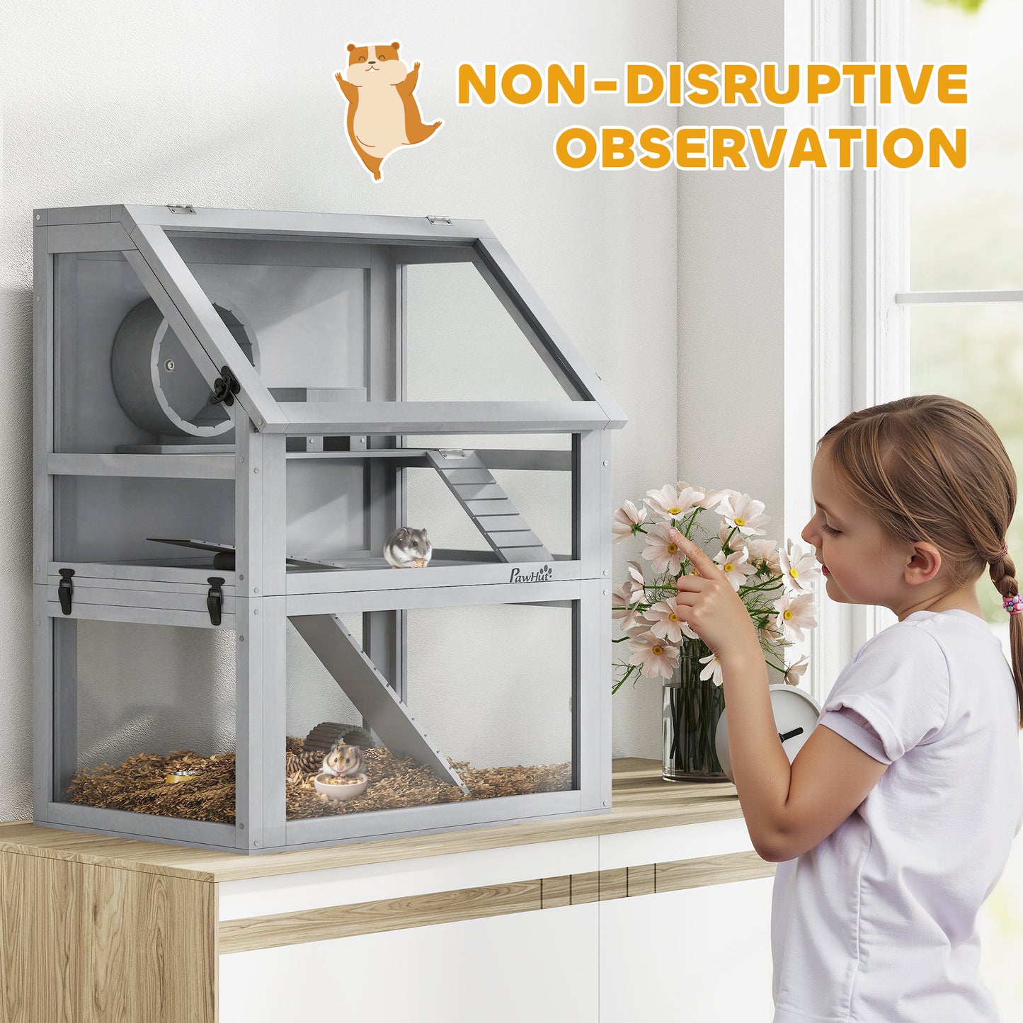 PawHut Wooden Hamster Cage with Detachable 32cm Deep Bottom, Hut, Seesaw, Exercise Wheel, Ramp, 60 x 40 x 75cm, Light Grey