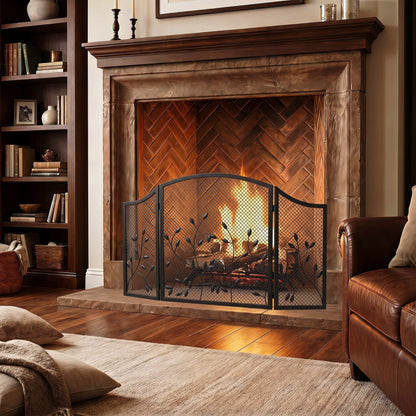 HOMCOM 3-Panel Folding Fireplace Screen for Hearth Protection, Heat-Resistant Metal Fire Spark Guard, Black