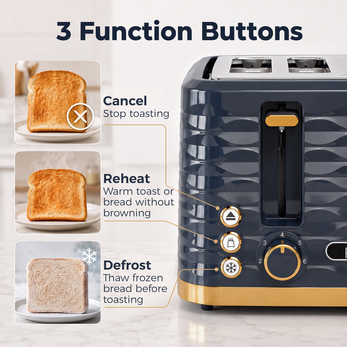 HOMCOM Toaster, Toaster 4 Slice with 7 Browning Levels, High Lift, Reheat/Defrost/Cancel, Dark Blue