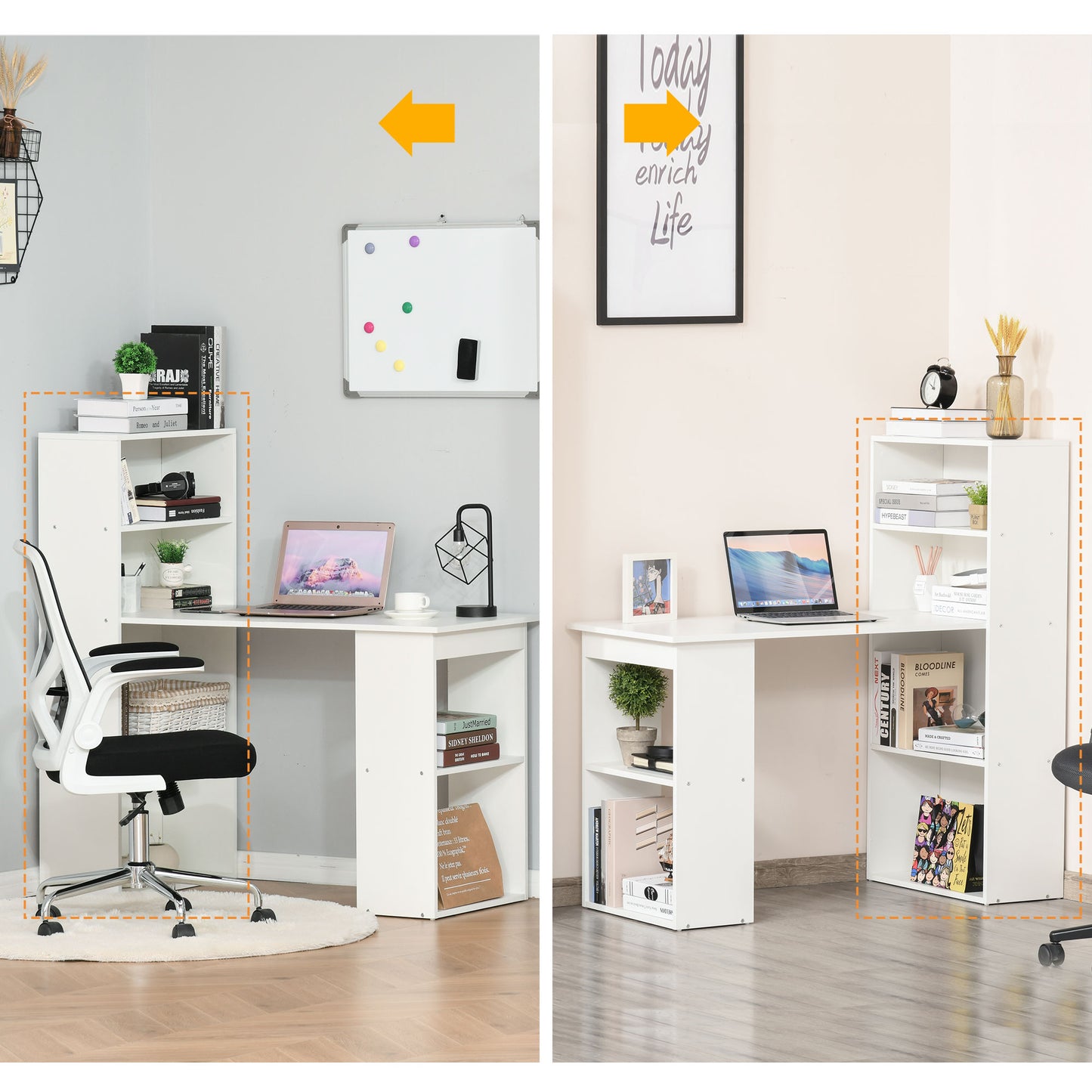 HOMCOM 120cm Computer Desk, Wooden PC Laptop Table with 6-Tier Storage Bookshelves, Home Office Working Study Desk, Writing Workstation, White