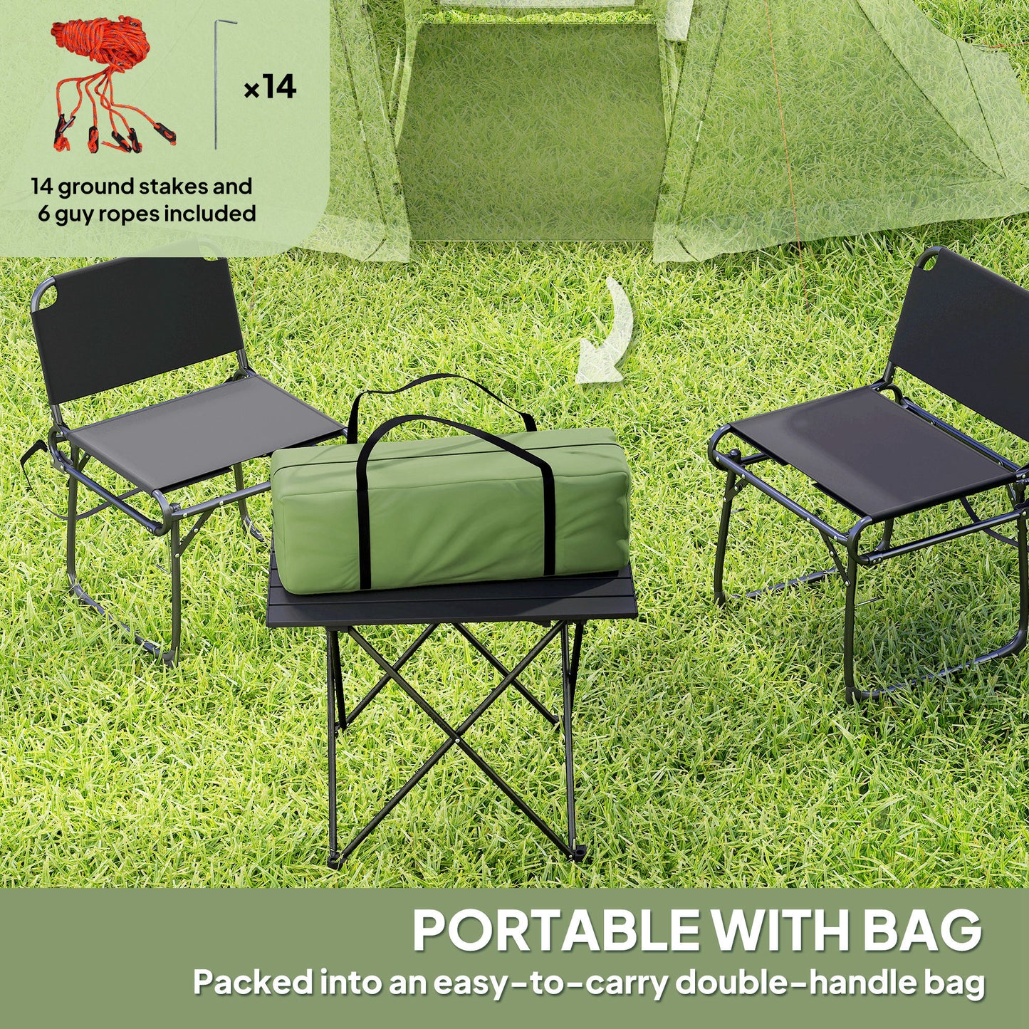 Outsunny 3 Man Camping Tent with Living Area and 2 Bedrooms, 3000mm Waterproof Family Tent with Sewn-in Groundsheet and bag, Portable Dome Shelter  for Hiking, Festival, Backpacking, Green