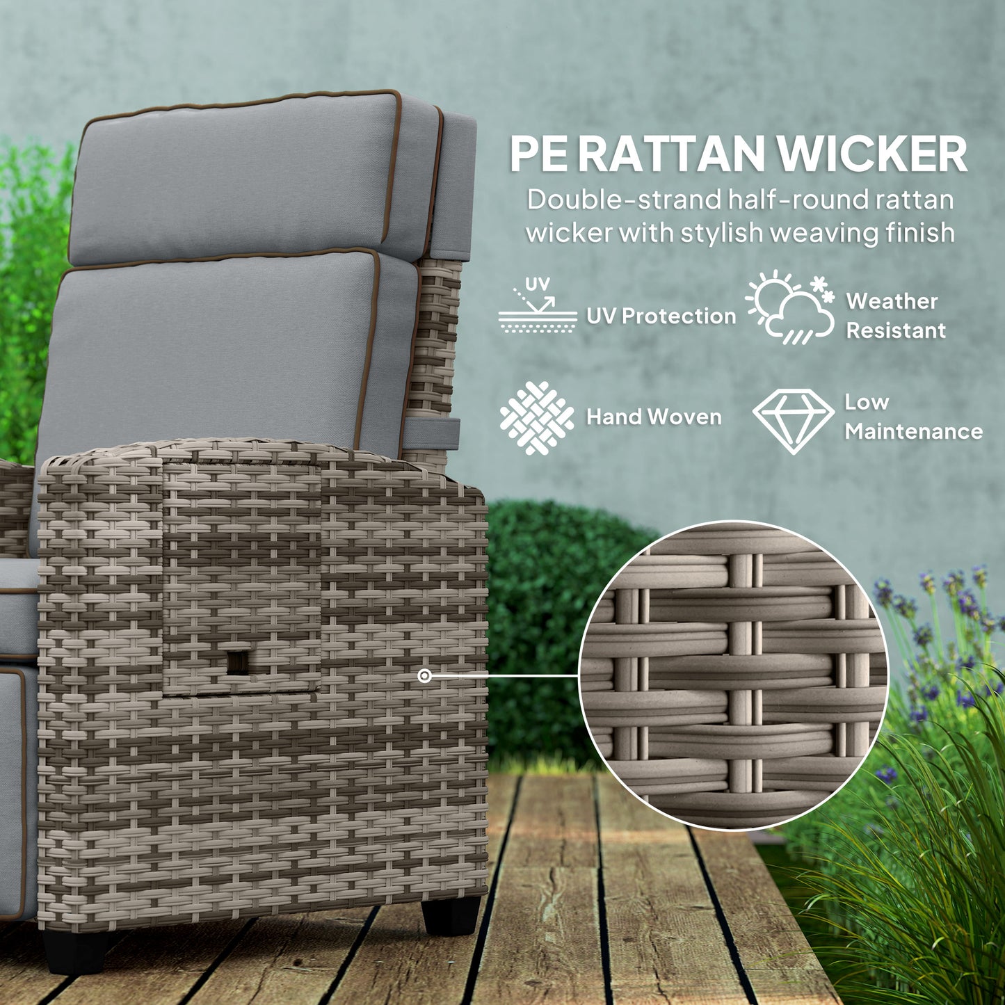 Outsunny 145° Reclining Rattan Armchair with Footrest - Mixed Grey