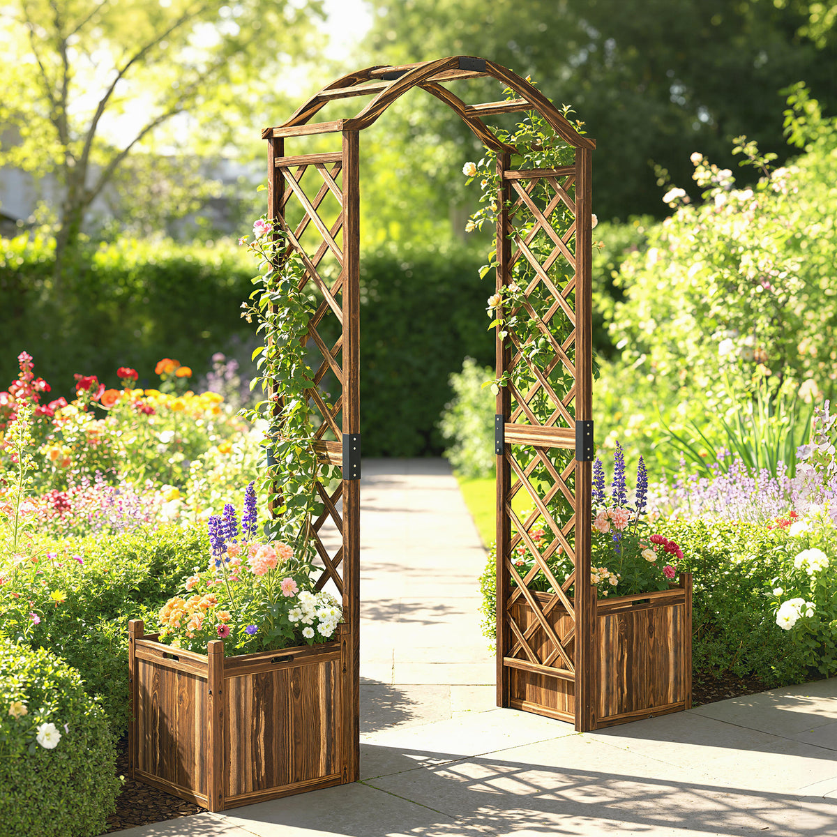 Outsunny Wooden Garden Arch with 2 Planter Boxes, Outdoor Rose Arch Trellis for Climbing Vines, Carbonised-Arches-ChewyGames-ChewyGames