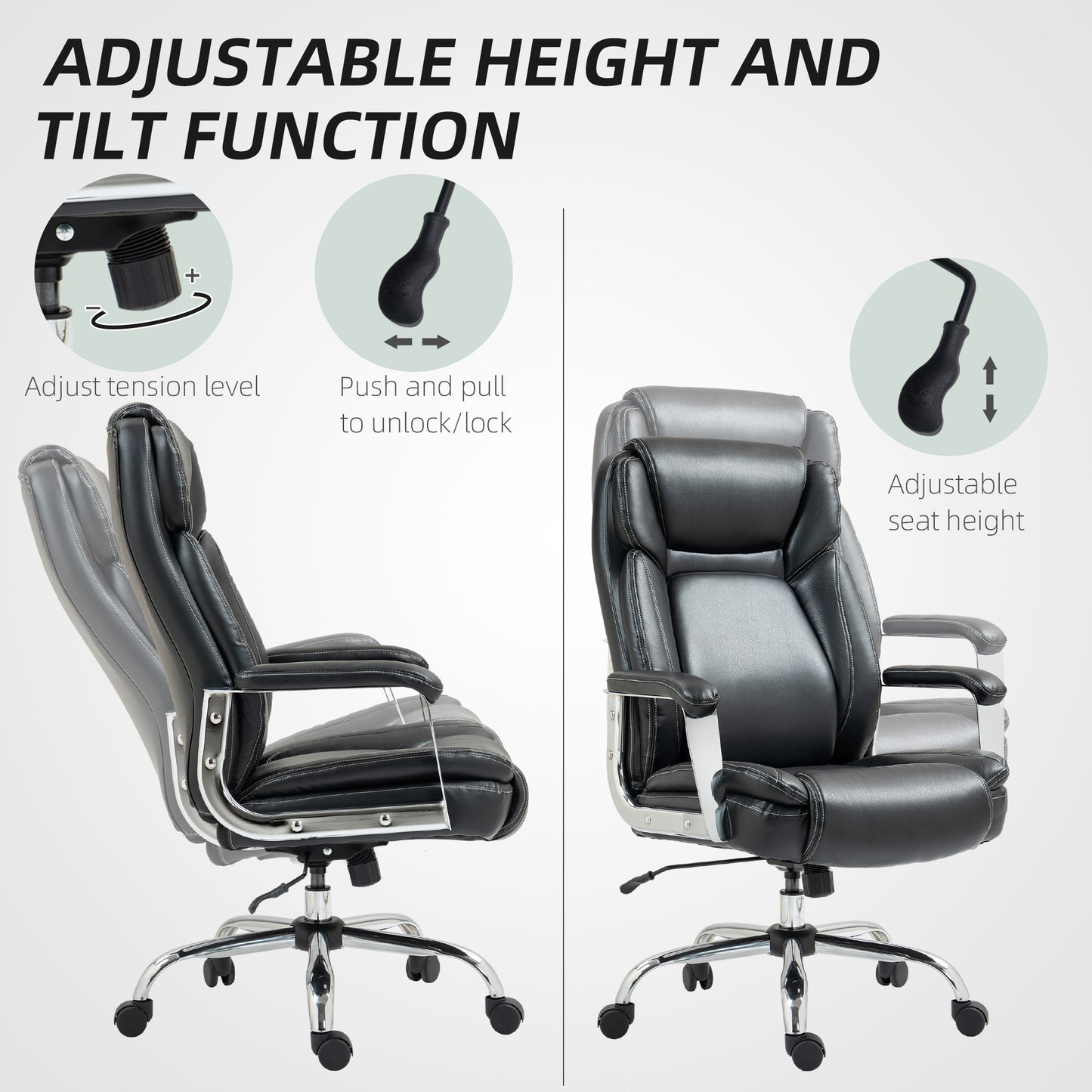 HOMCOM Ergonomic Office Chair, Heavy Duty Faux Leather Desk Chair with Tilt Function, Adjustable Height, 227kg 500LBS Swivel Computer Chair for Home Study, Black-Office Chairs-ChewyGames-ChewyGames