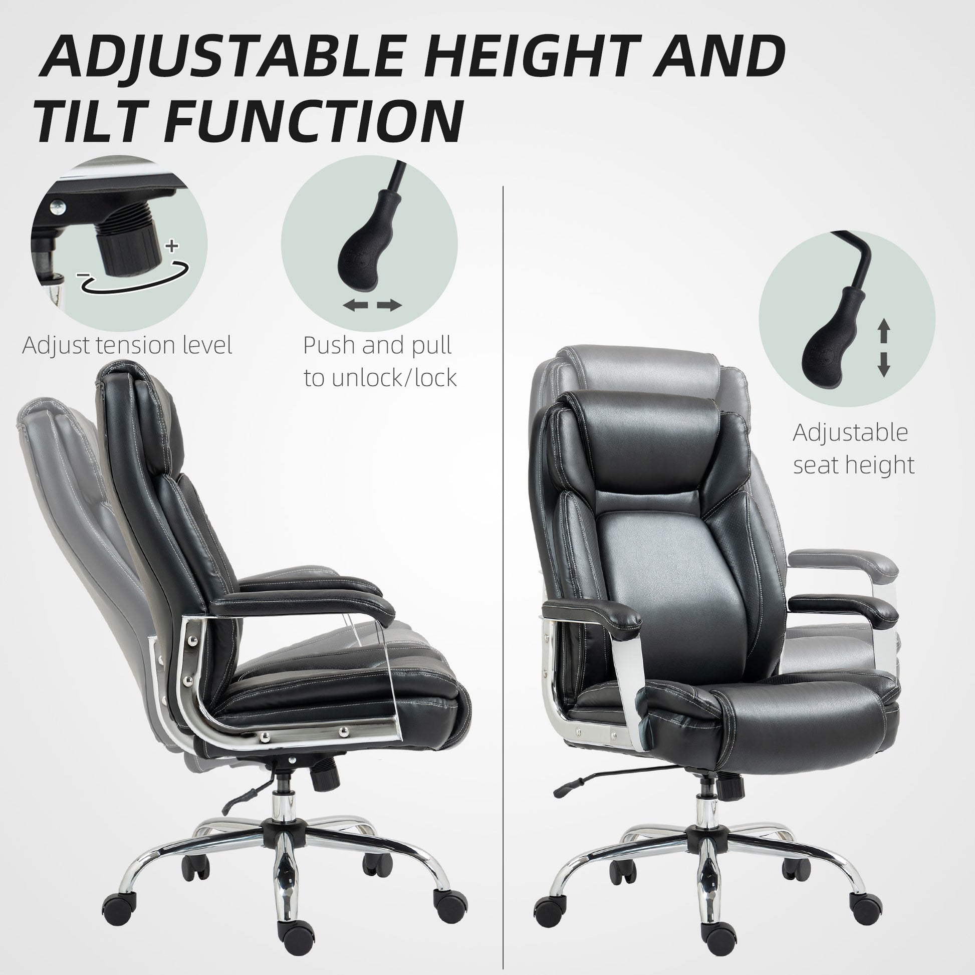 HOMCOM Ergonomic Office Chair, Heavy Duty Faux Leather Desk Chair with Tilt Function, Adjustable Height, 227kg 500LBS Swivel Computer Chair for Home Study, Black-Office Chairs-ChewyGames-ChewyGames