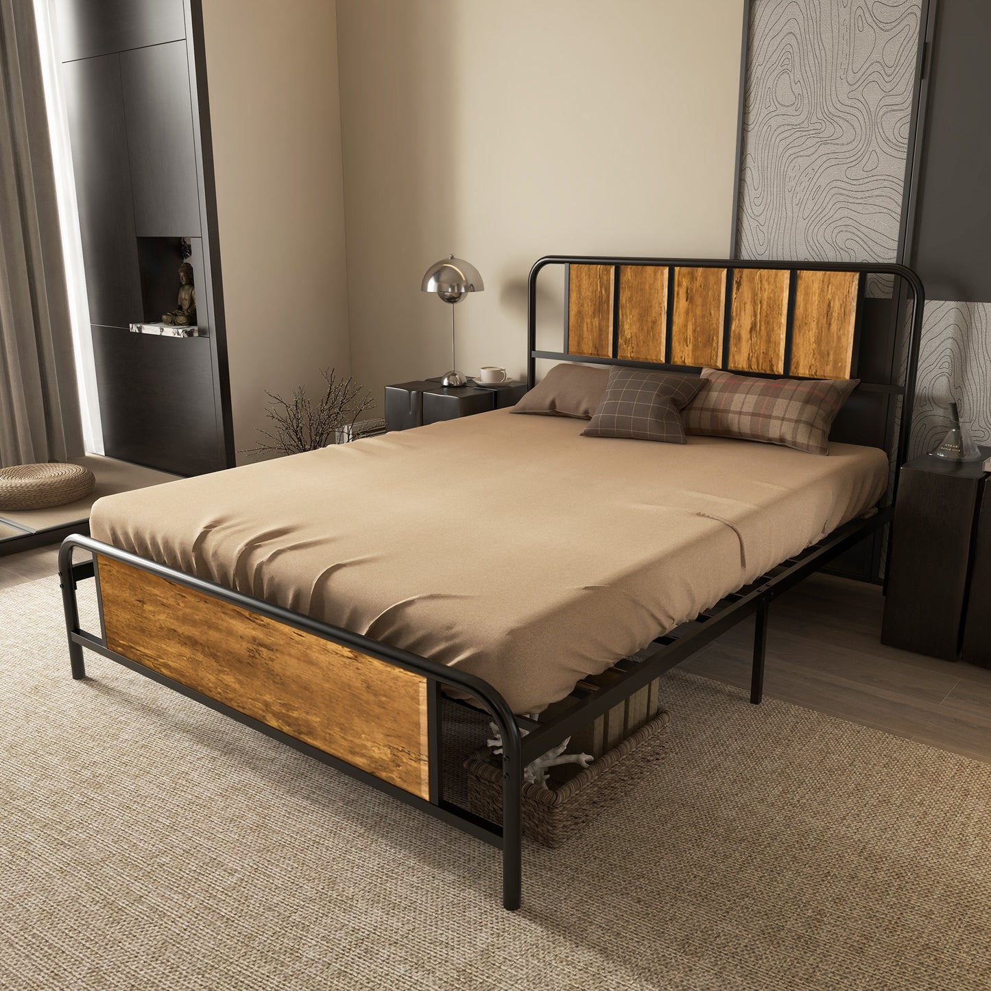 HOMCOM 4.8ft Double Bed Frame with Industrial Wood Headboard, Steel Slat Support and 25.5cm Underbed Storage Space, 145 x 197cm, Rustic Brown