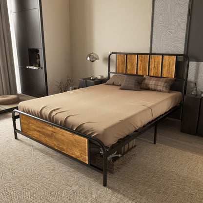 HOMCOM 4.8ft Double Bed Frame with Industrial Wood Headboard, Steel Slat Support and 25.5cm Underbed Storage Space, 145 x 197cm, Rustic Brown