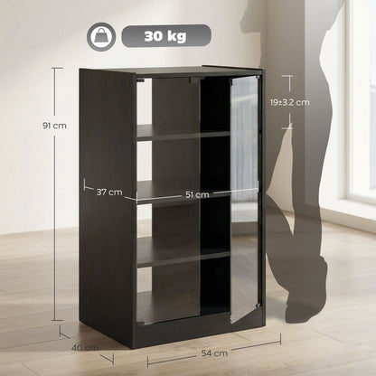 HOMCOM 4-Tier Hi-Fi Stand,  Record Player Stand with Adjustable Shelves and Push-to-Open Glass Doors, Black Wood-Effect