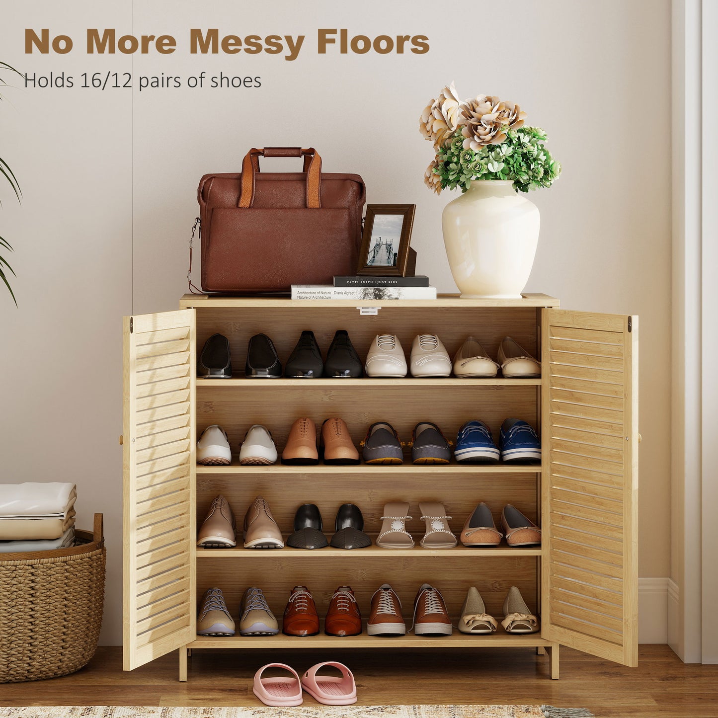 HOMCOM Bamboo Shoe Cabinet with Louvered Doors, 14 Pairs Shoe Storage Cabinet with Adjustable Shelves for Hallway, Natural