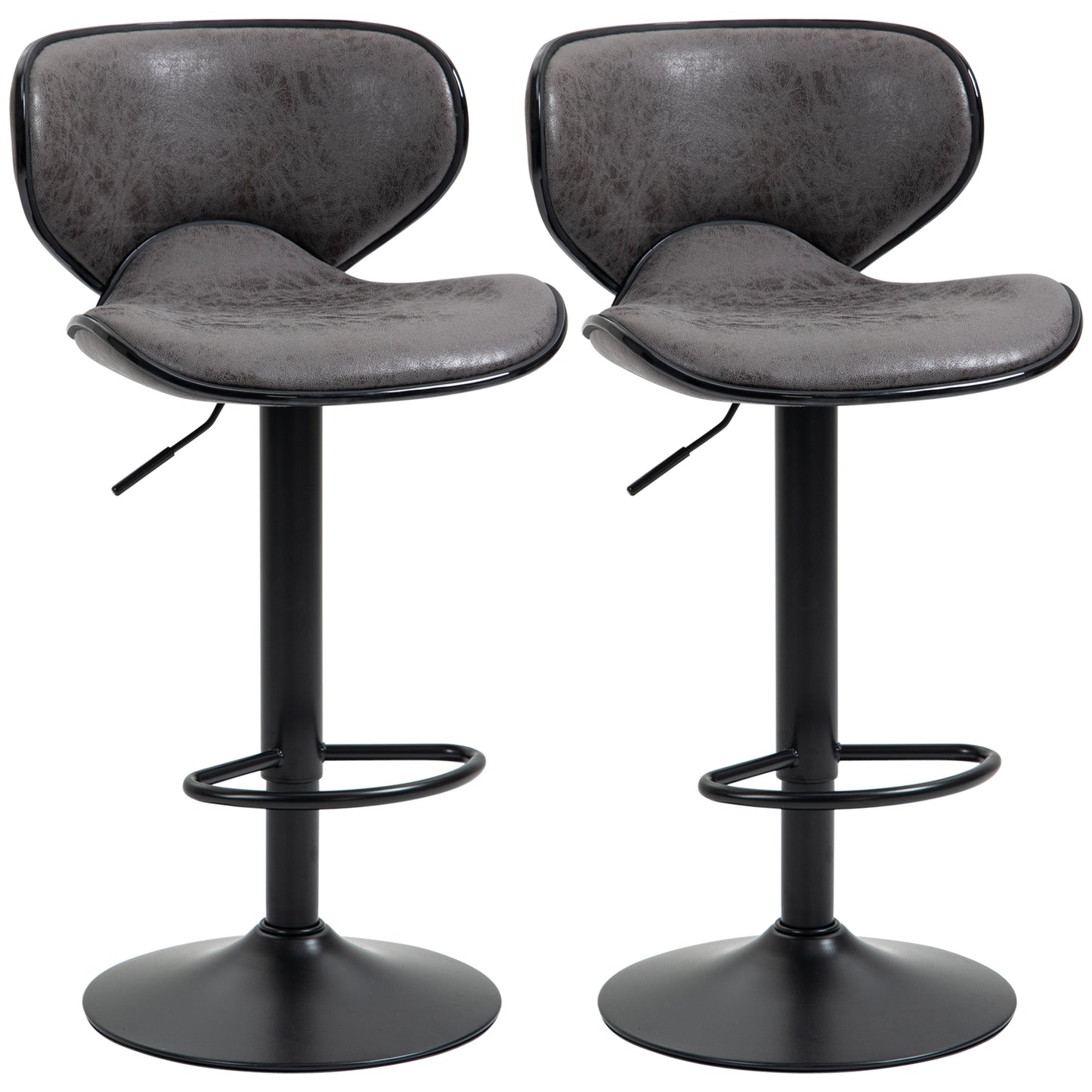 HOMCOM Kitchen Stools Set of 2  61-81cm Sitting Height Leather Upholstered Bar Chairs, Dark Grey