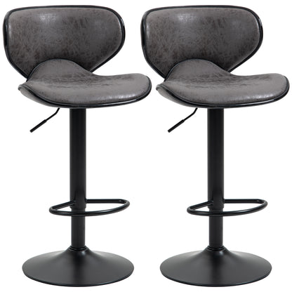 HOMCOM Kitchen Stools Set of 2  61-81cm Sitting Height Leather Upholstered Bar Chairs, Dark Grey
