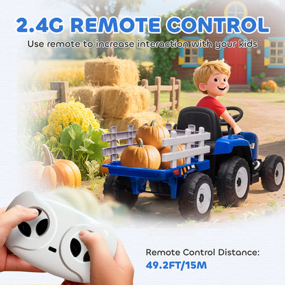 HOMCOM Ride On Tractor, Battery Powered Electric Car, with Detachable Trailer, Remote Control, Music, Blue