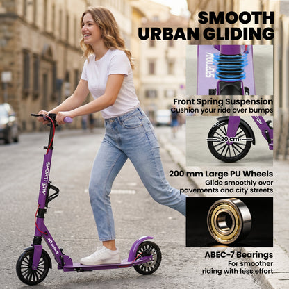 SPORTNOW Foldable Kick Scooter with Height Adjustable Handlebar, One-click Folding Adult Scooters with 200 mm Big Wheels, Purple