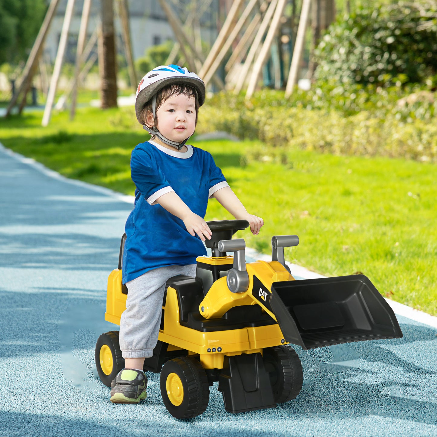 HOMCOM Ride on Tractor, CAT Licensed Kids Ride On Digger Excavator, Construction Toy Car with Adjustable Bucket, Horn, for Ages 1.5-3 Years