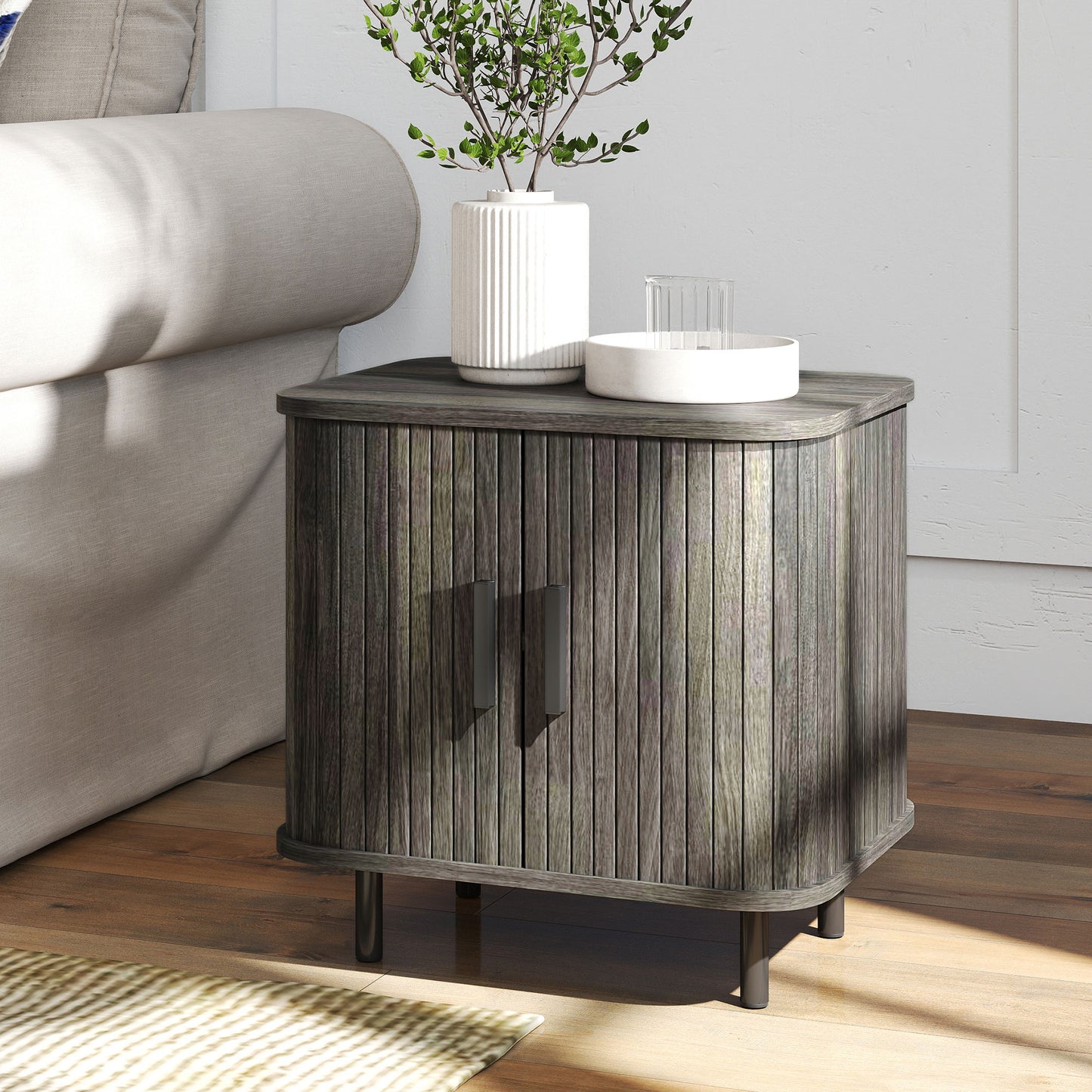 HOMCOM Nightstand with Sliding Doors and Metal Legs Grey