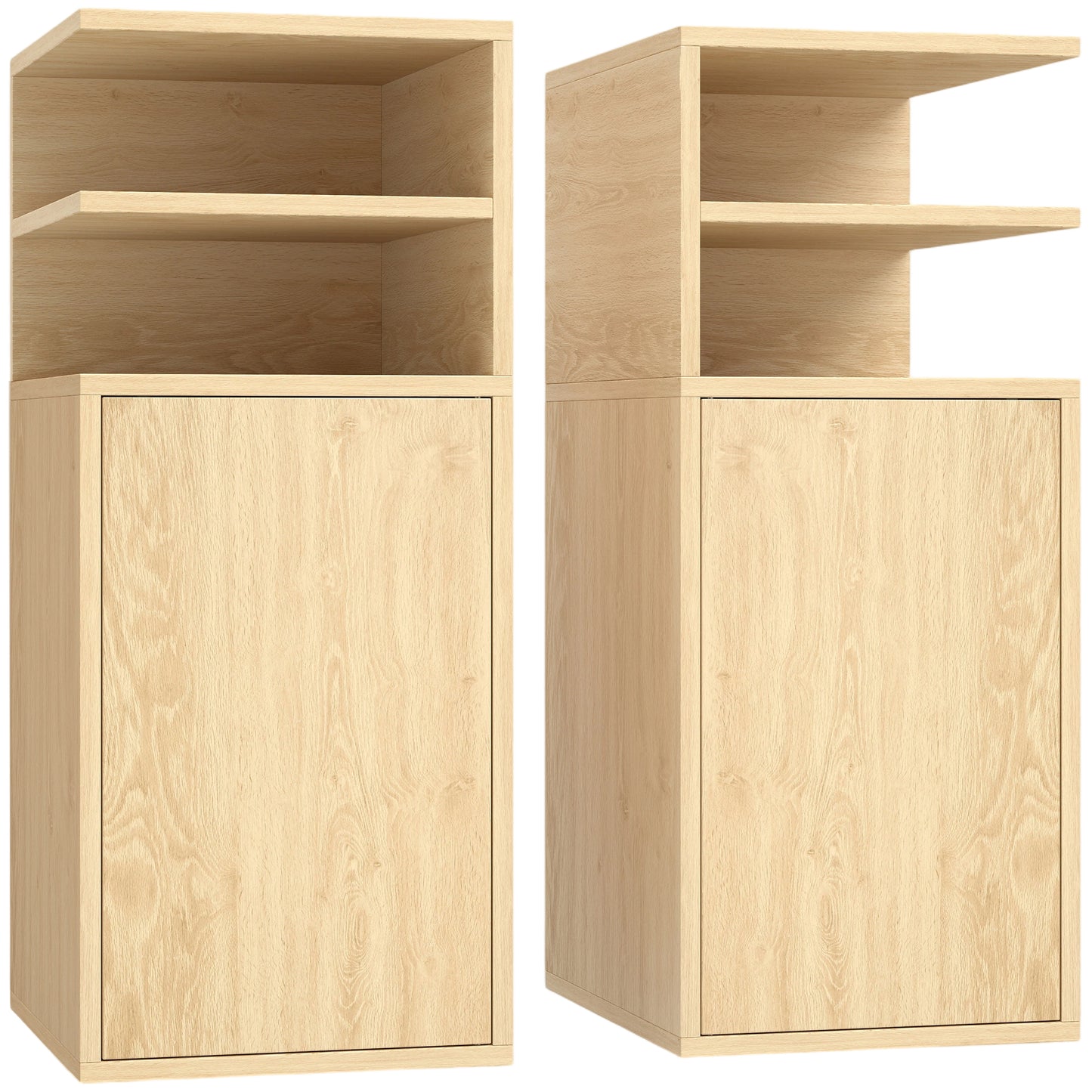 HOMCOM Slim Bedside Table Set of 2, Narrow Bedside Cabinet with Open Cubbies and Cupboard for Bedroom Living Room, Oak