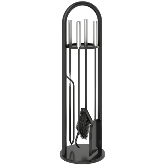 Outsunny 5 Pieces Fireplace Tools Set, Metal Fireplace Accessories Fireside Companion Set with Broom, Shovel, Poker and Bucket, Silver