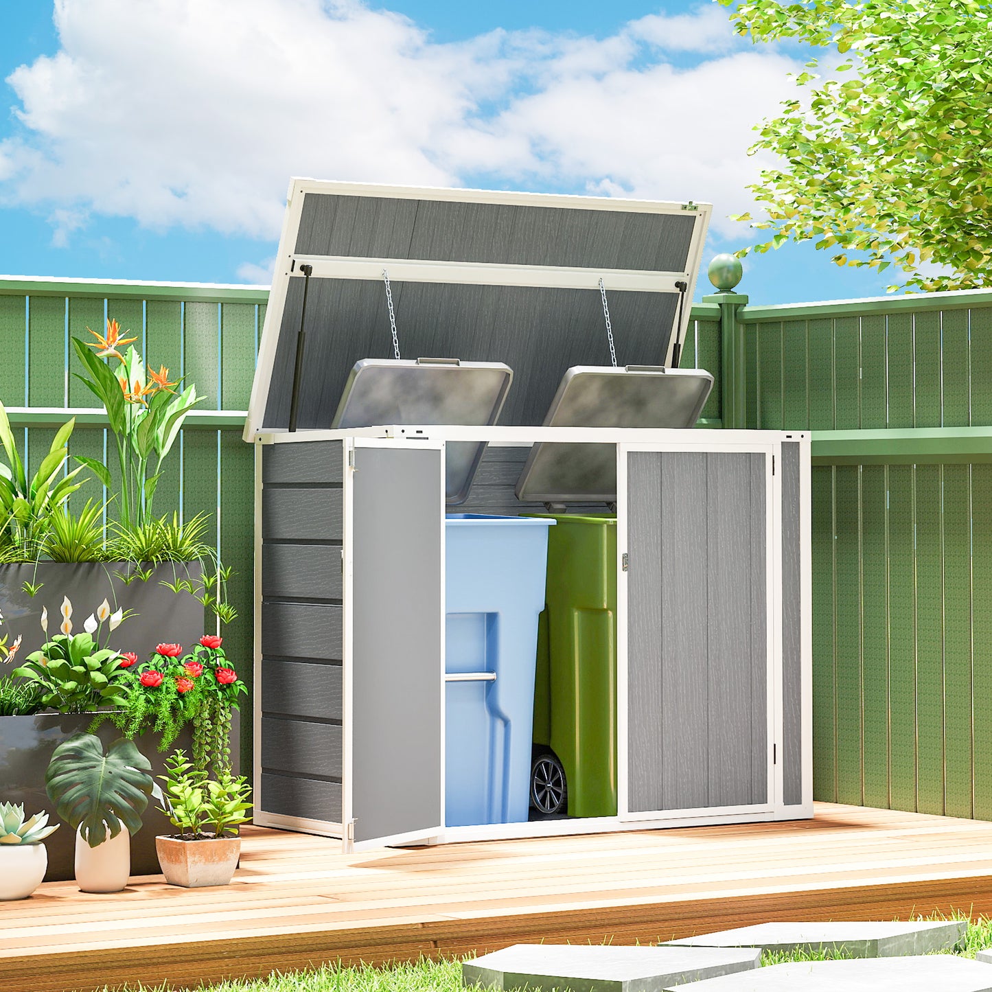 Outsunny 4.7 x 2.5FT Garden Shed, Double Bin Storage Shed with Lockable Doors, Outdoor Small Shed with Openable Lid for 2 Trash Cans, Garden Tools, Grey