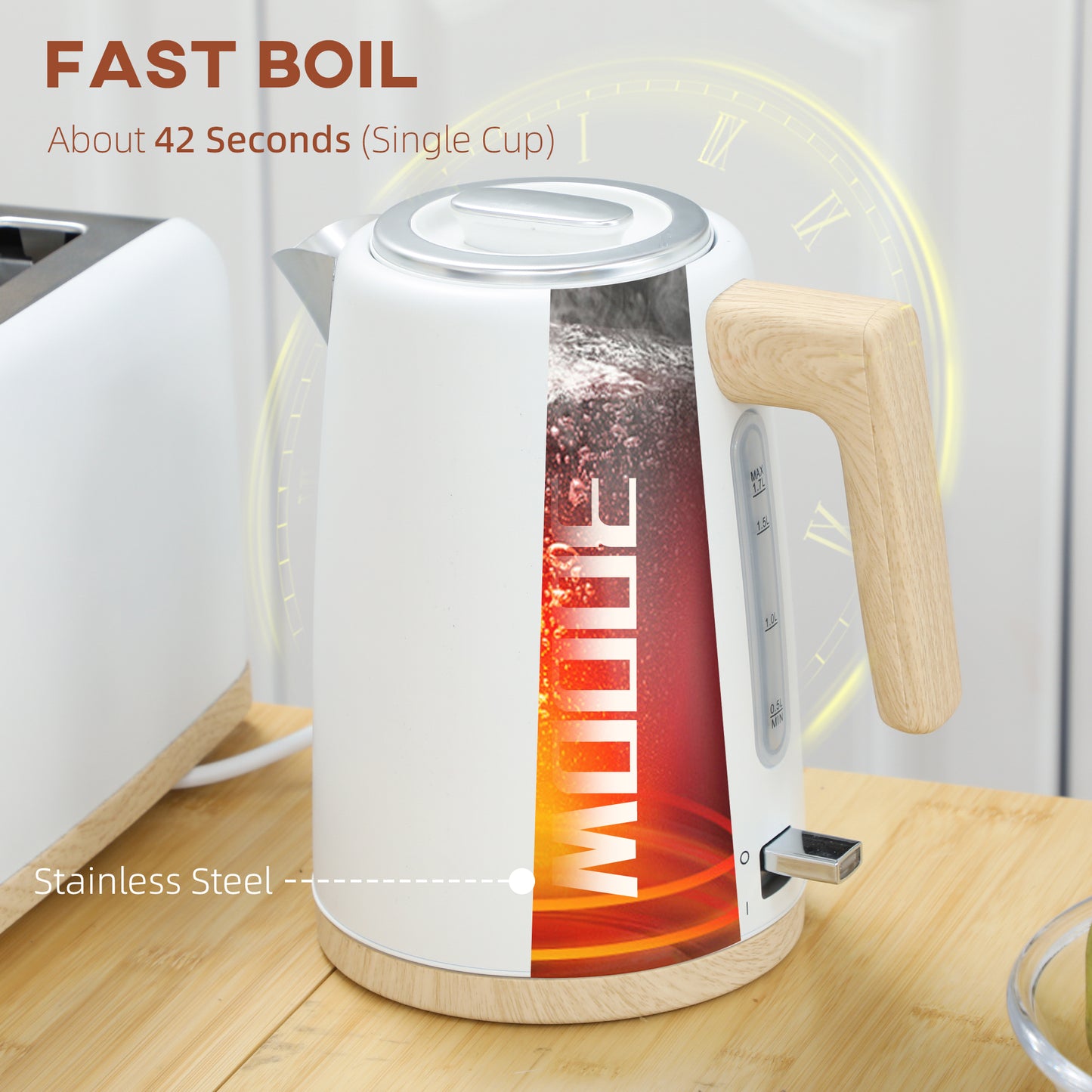HOMCOM Stainless Steel Kettle and Toaster Set, 1.7L 3000W Fast Boil Kettle & 2 Slice Toaster Kitchen Set with 7 Level Browning Controls, Defrost, Reheat, Auto Off, Boil-dry Protection, White
