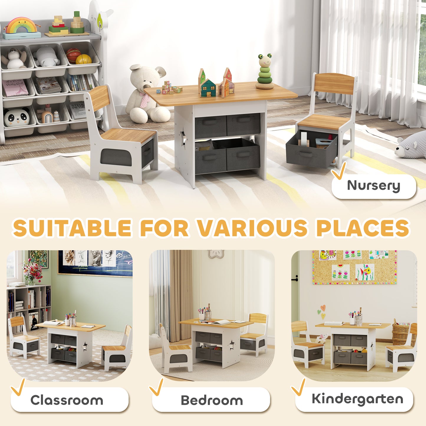 AIYAPLAY Kids Table and Chair Set, Toddler Table and 2 Chairs Set with 6 Removable Drawers, for Boys Girls Ages 3-8, Natural