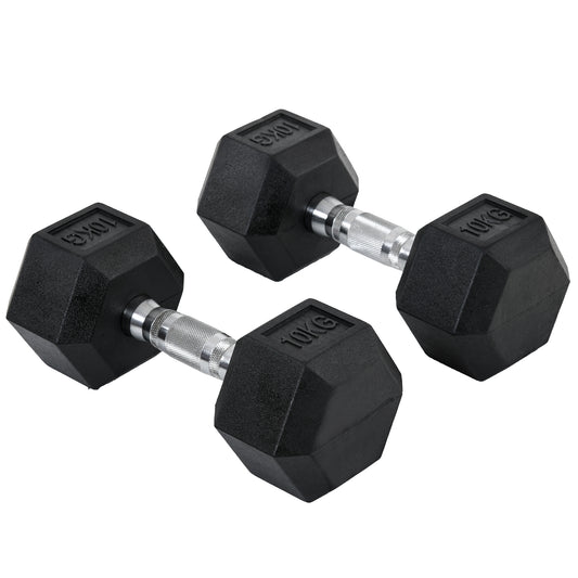 HOMCOM 2x10kg Hex Dumbbells Set Rubber Dumbbells Weight Lifting Equipment Fitnes