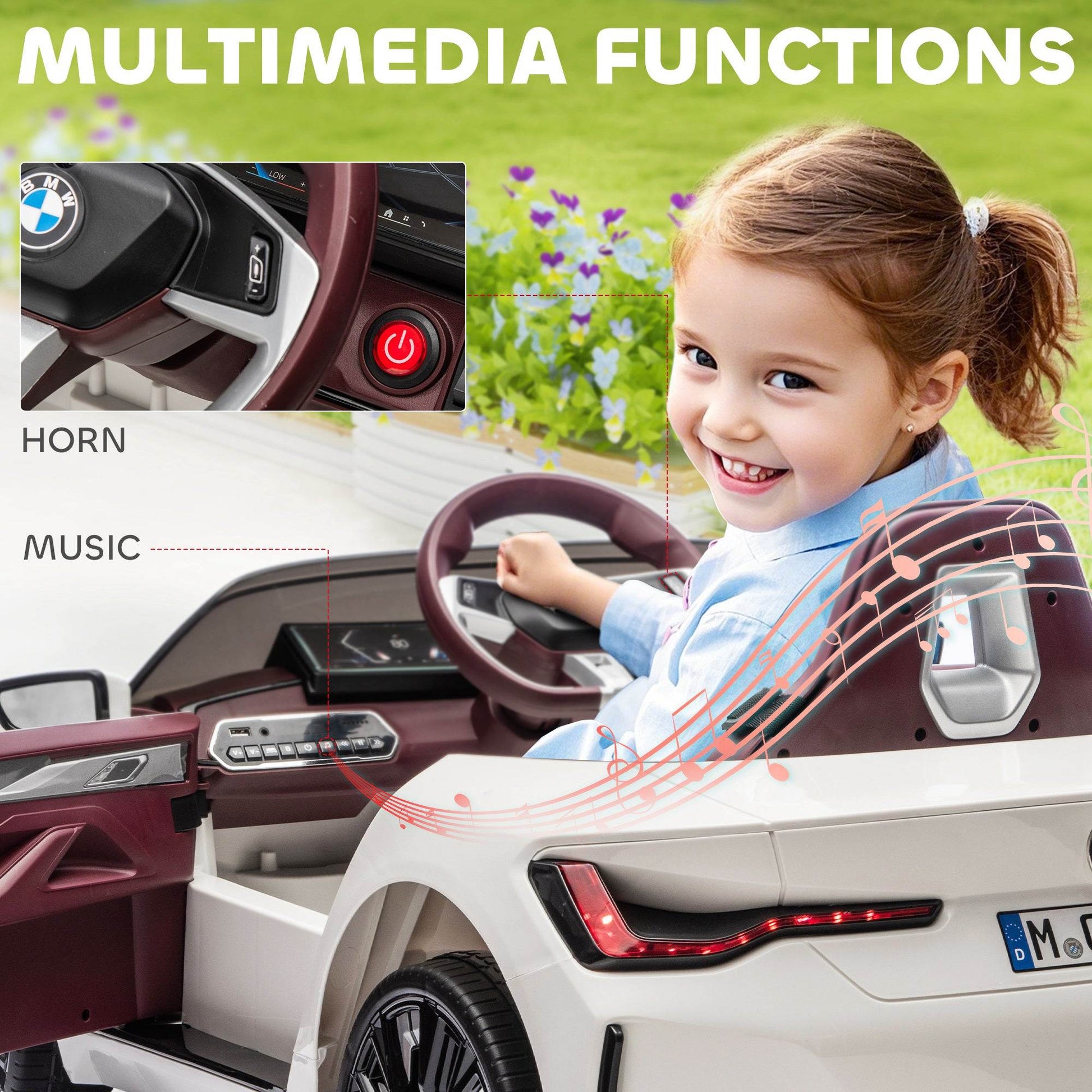HOMCOM BMW i4 Licensed 12V Kids Electric Ride-On Car, White, Red and Light Blue