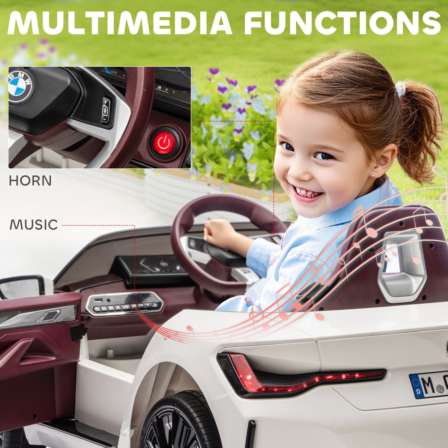 HOMCOM BMW i4 Licensed 12V Kids Electric Ride-On Car, White, Red and Light Blue