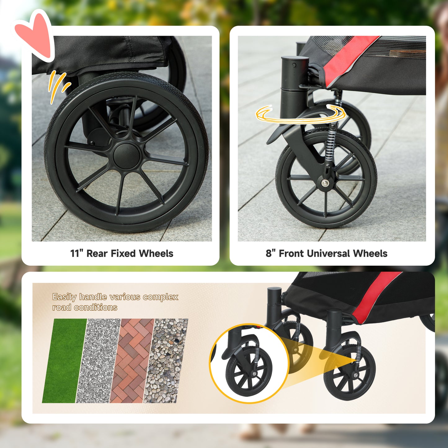 PawHut Foldable Pet Stroller for Large Dogs with Four Big Wheels, Shock-Absorbing Frame, Safety Leashes, Brakes, Red/Black