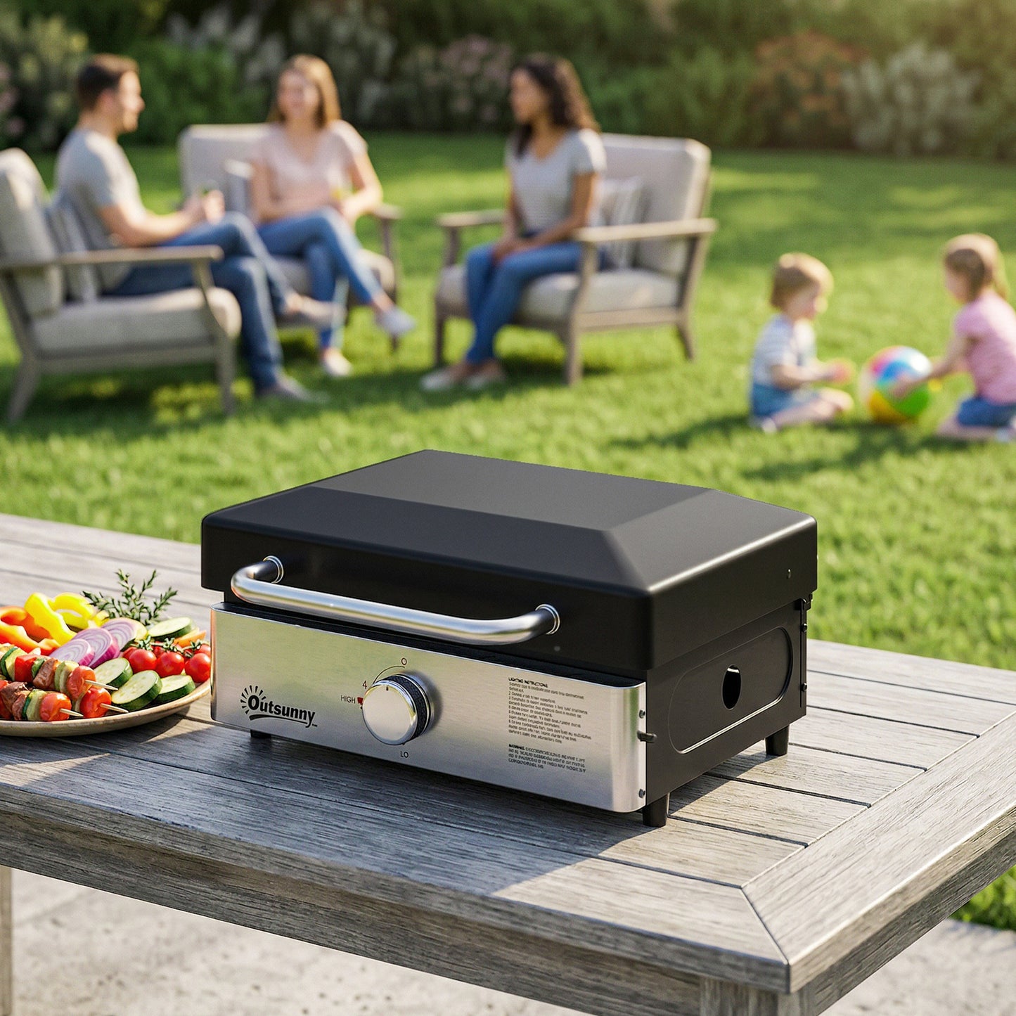 Outsunny Grill Griddle, Portable Gas Plancha, 3.5 kW, Tabletop Gas BBQ with Grease Cup for Camping Picnic Patios, Black