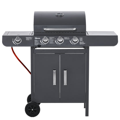 Outsunny 3+1 Burner Gas BBQ Grill, Outdoor Barbecue Trolley with Wheels, Warming Rack, Side Shelves, Cabinet, Thermometer for Garden, Party, Camping, 110L x 50W x 100Hcm, Grey