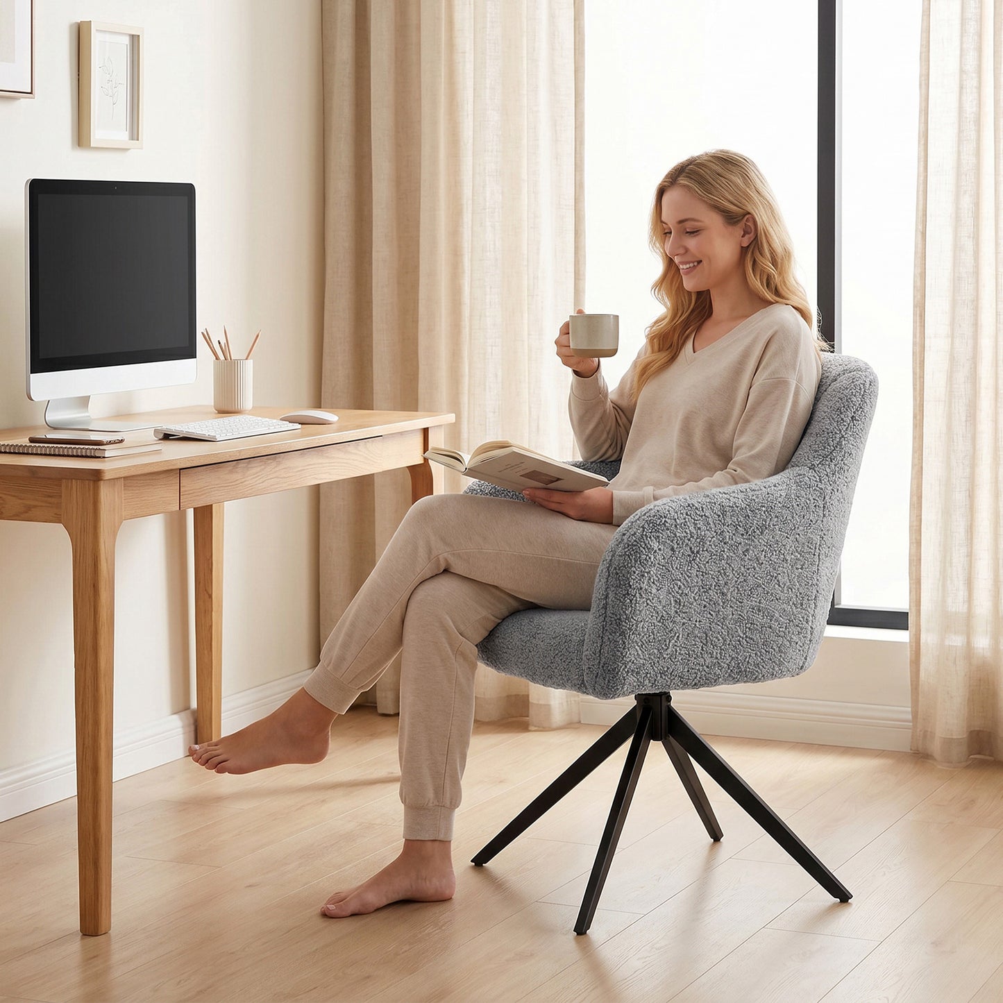 HOMCOM 360 Degree Swivel Accent Chair, Snow Flannel Armchair, Grey
