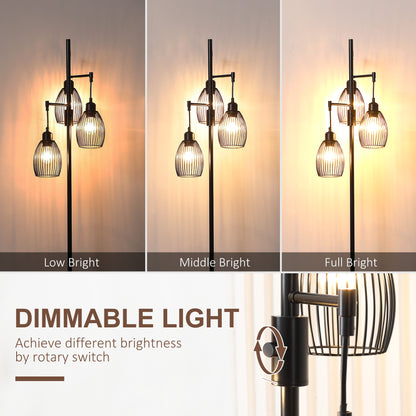 HOMCOM 3-Light Floor Lamp, 170cm Industrial Dimmable Standing Lamp with Steel Wire Cage Lampshades for Living Room, Bedroom, Dining Room, Study, Bulb Not Included, Black