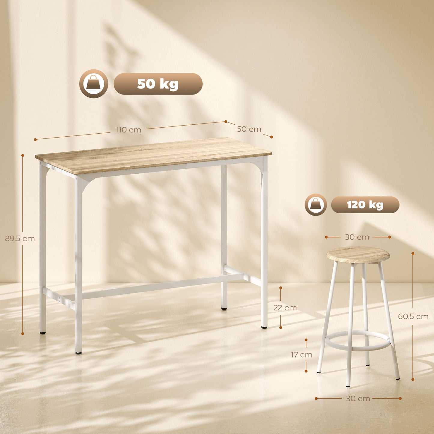HOMCOM 5 Piece Bar Table Set for 4 with Stools, Metal Frame, Footrest for Kitchen Natural Wood--ChewyGames-ChewyGames