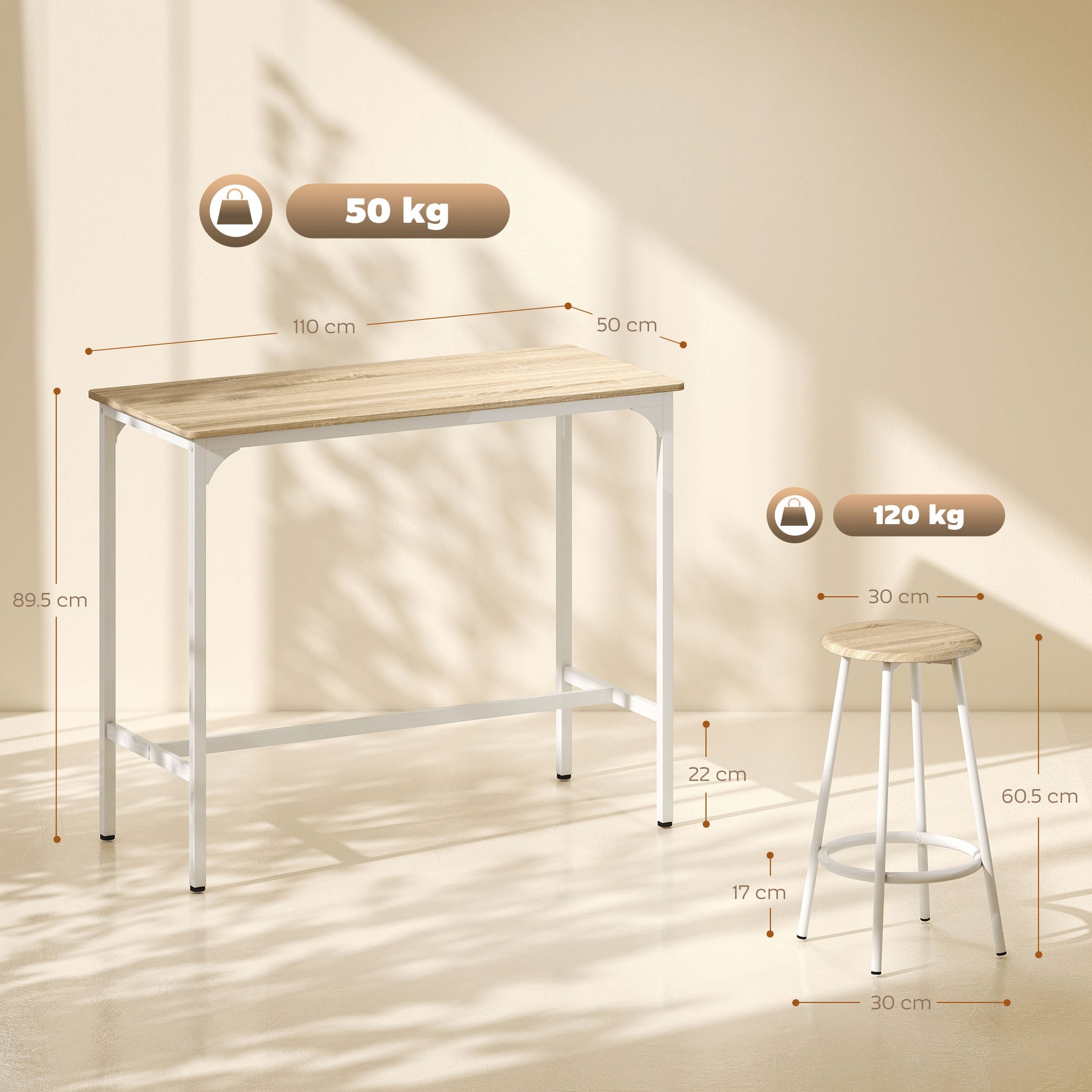 HOMCOM 5 Piece Bar Table Set for 4 with Stools, Metal Frame, Footrest for Kitchen Natural Wood--ChewyGames-ChewyGames