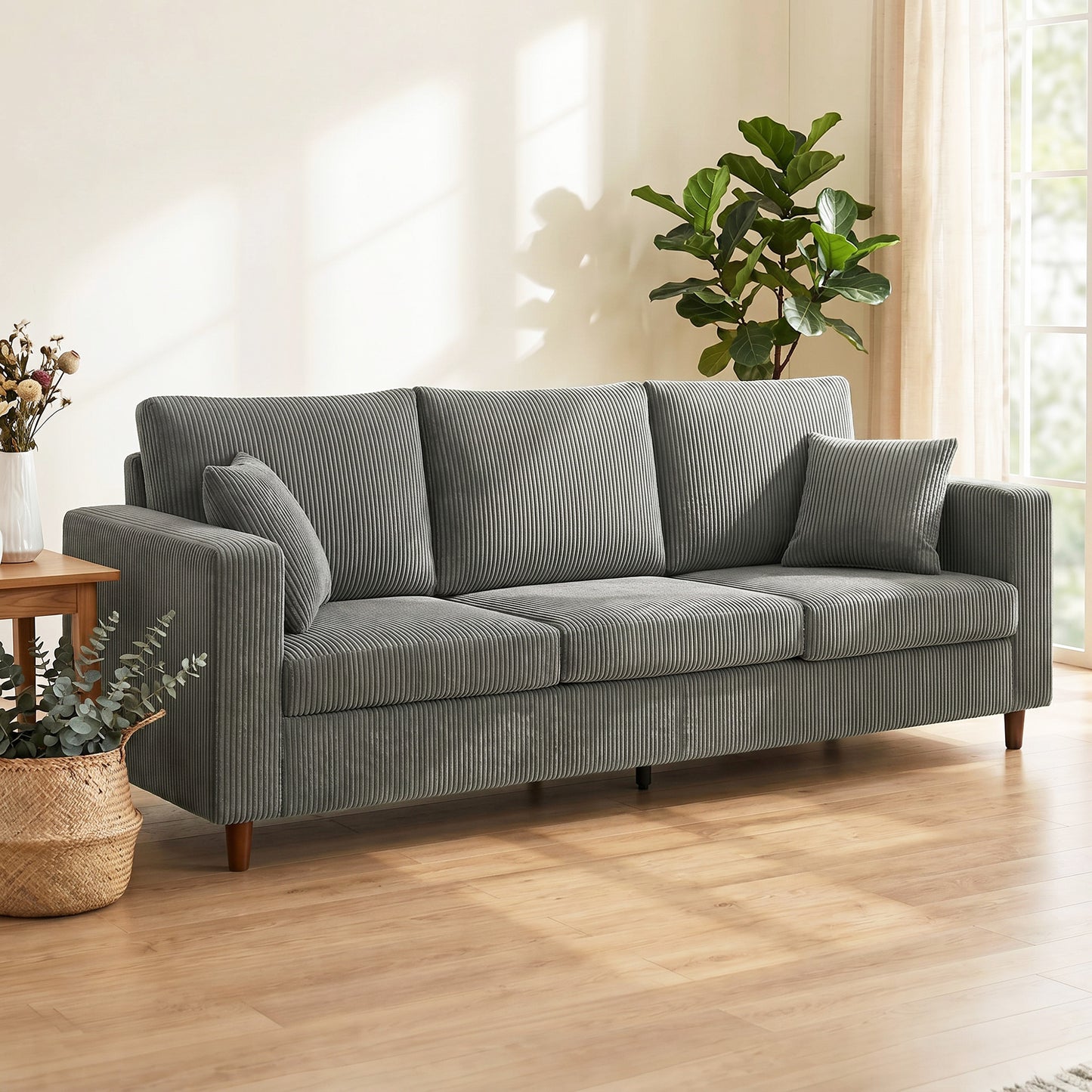 HOMCOM 3 Seater Sofa with Wide Seat, Corduroy Fabric Couch with Deep Seat, Spring Cushion, Light Grey