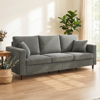 HOMCOM 3 Seater Sofa with Wide Seat, Corduroy Fabric Couch with Deep Seat, Spring Cushion, Light Grey