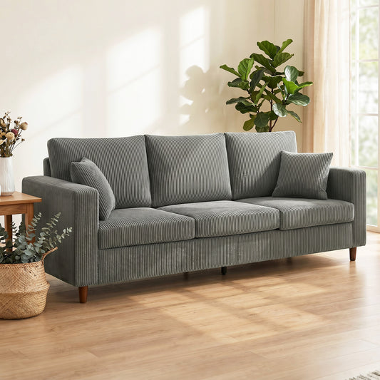 HOMCOM 3 Seater Sofa with Wide Seat, Corduroy Fabric Couch with Deep Seat, Spring Cushion, Light Grey