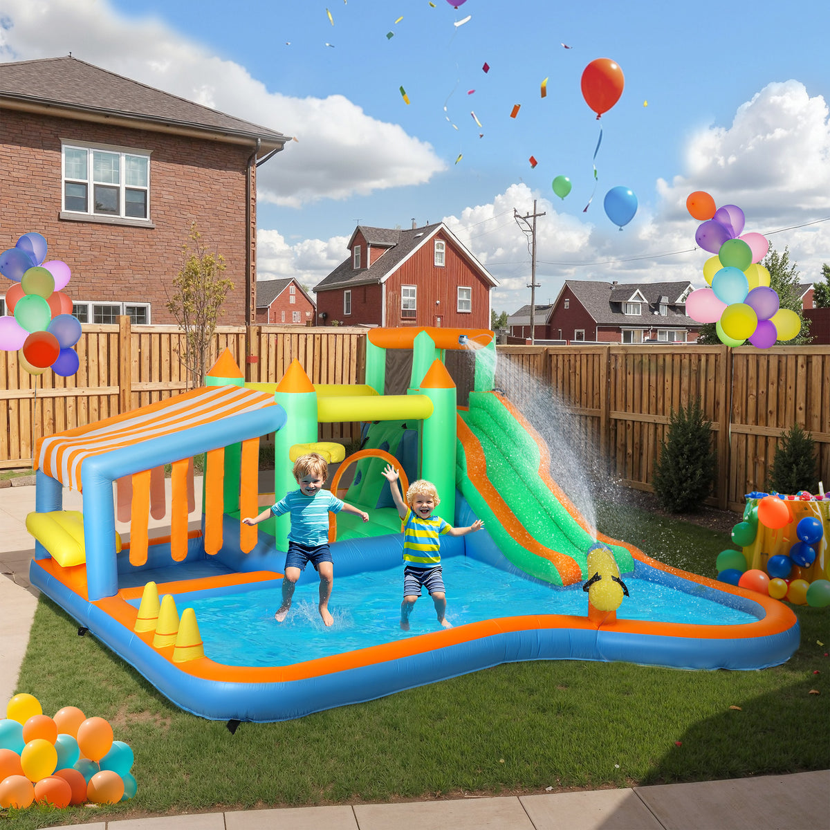 AIYAPLAY 8 in 1 Inflatable Bounce House with 550W Blower, Slide, 2 Pools, Basketball Hoop, Climbing Wall, Water Gun, Ring Toss