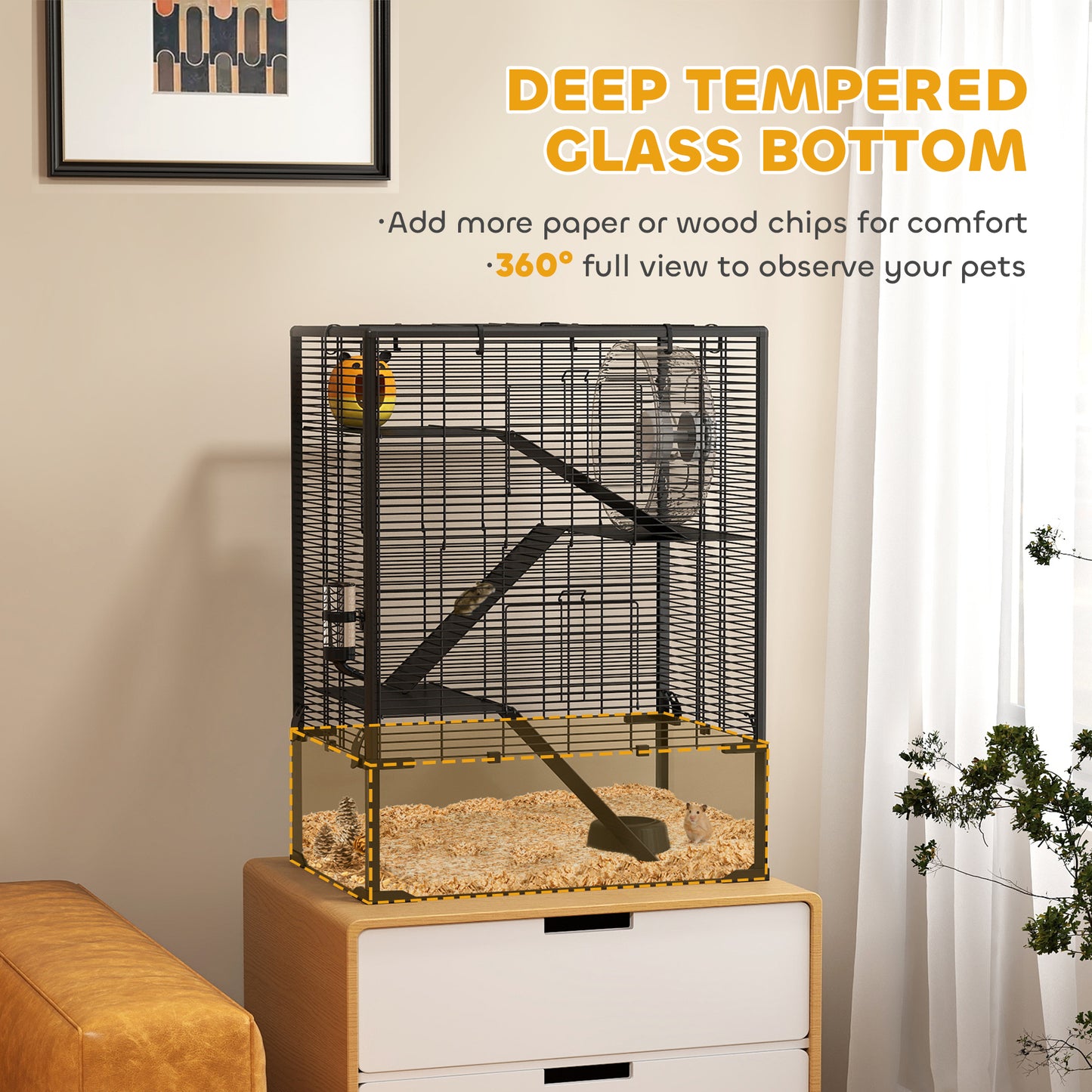PawHut Four-Tier Hamster Cage with Deep Tempered Glass Bottom, Hut, Running Wheel, Food Dish, Water Bottle, 60 x 40 x 80cm