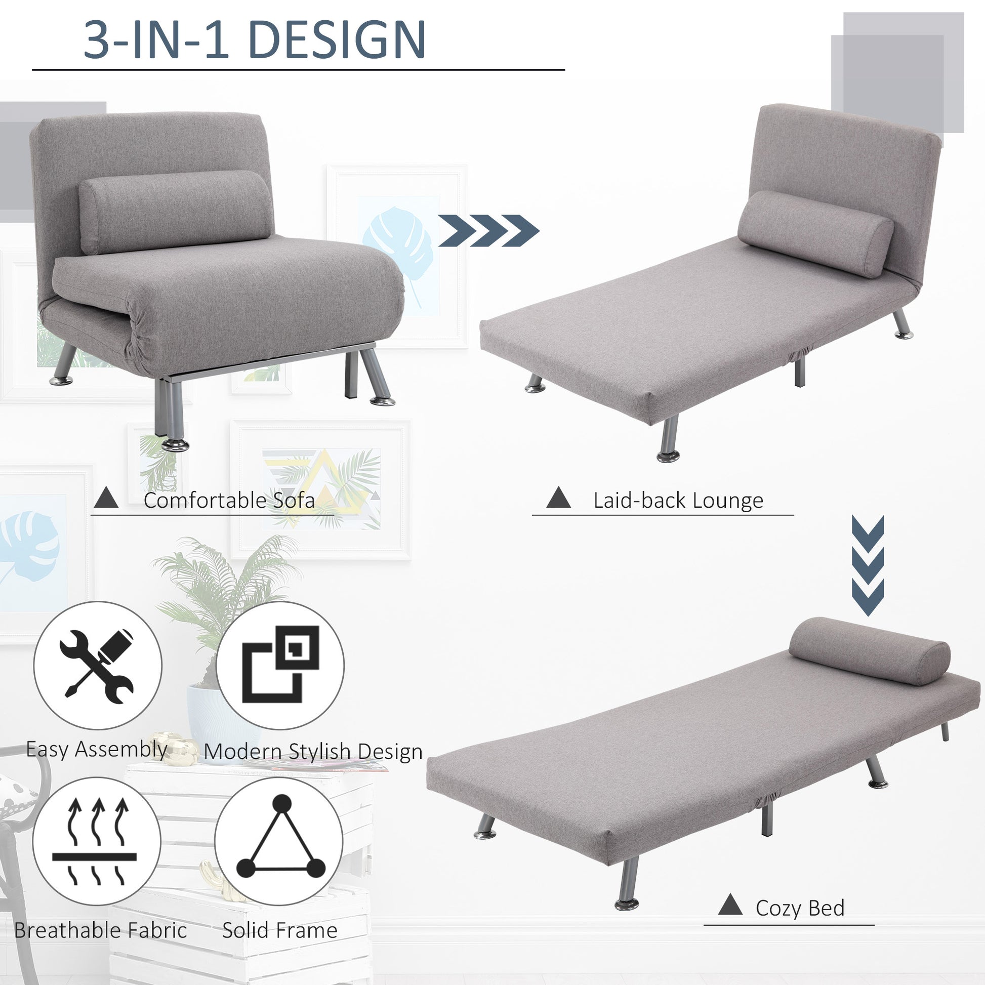 HOMCOM Adjustable Back Futon Sofa Chair - Grey--ChewyGames-ChewyGames