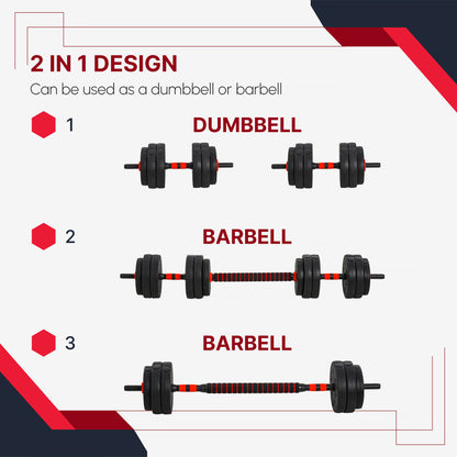 HOMCOM 25kg 2 IN 1 Adjustable Dumbbells Weight Set, Dumbbell Hand Weight Barbell for Body Fitness, Lifting Training for Home, Office, Gym, Black