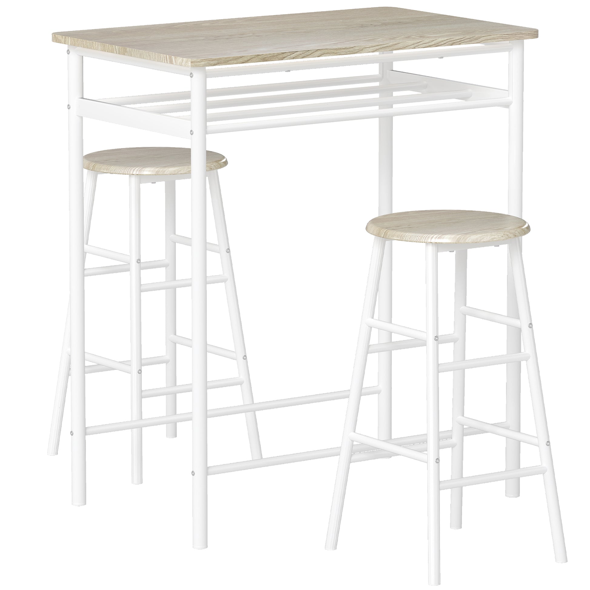 HOMCOM Bar Table Set, Bar Table and Stools Set, Footrest and Storage Shelf, for Kitchen, Dining Room, Pub, Cafe, White and Oak--ChewyGames-ChewyGames