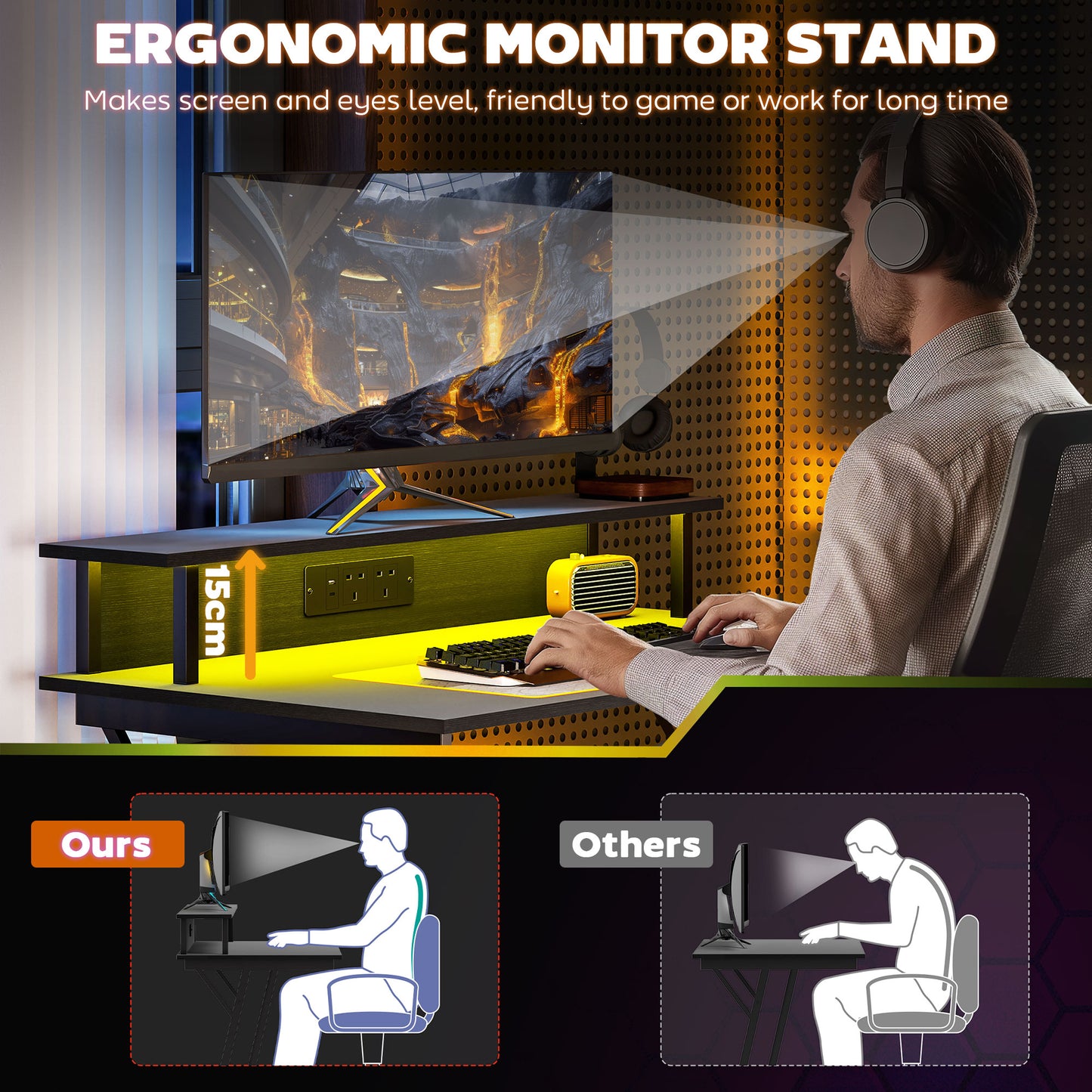 HOMCOM Two-Level LED Gaming Desk - Black