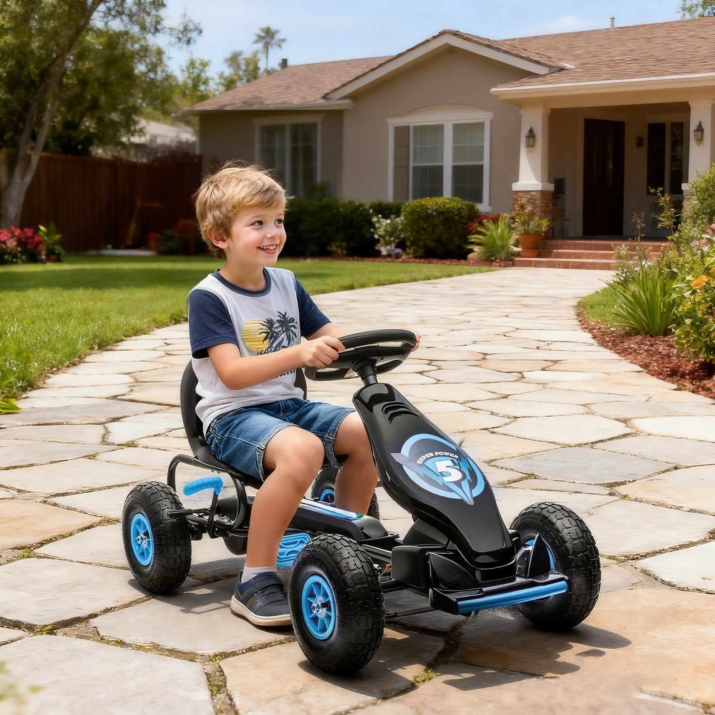 HOMCOM Kids Pedal Go Kart, with Adjustable Seat, Inflatable Tyres - Blue